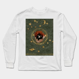 Circle of Life Watercolor : Gold Foils Stars in a Goblincore green sky with a Gemini constellation A rabbit and a fox circle around a barn owl Long Sleeve T-Shirt